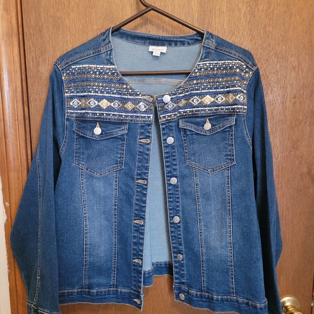 Avenue Jean Jacket with Embroidered Embellishments Women's Plus Size 22